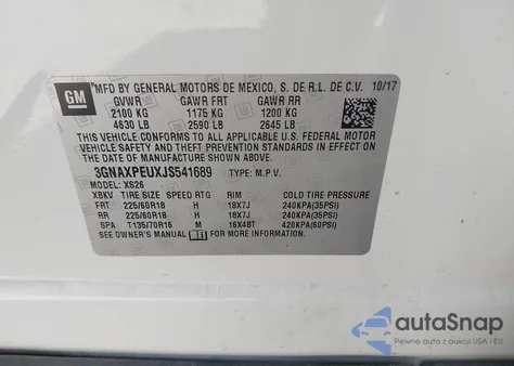 2018 Chevrolet Equinox Premier из США, поврежденный, VIN 3GNAXPEUXJS541689